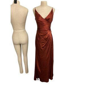 Galina Signature Rust Satin Maxi Dress Size 6 Sleeveless V-Neck Ruched Gown